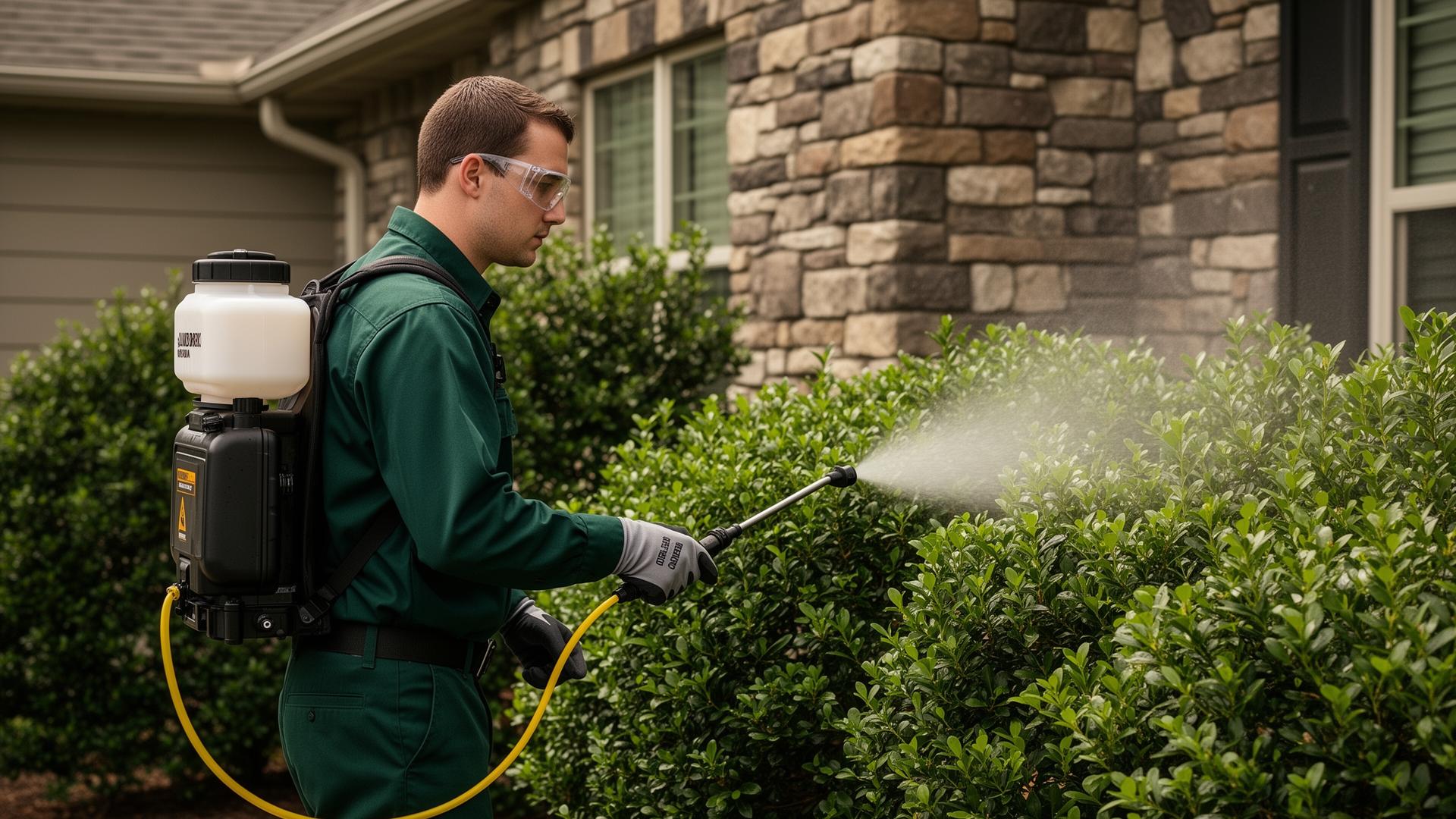 Sleep Tight pest control technician spraying shrubs outside a Chicago home